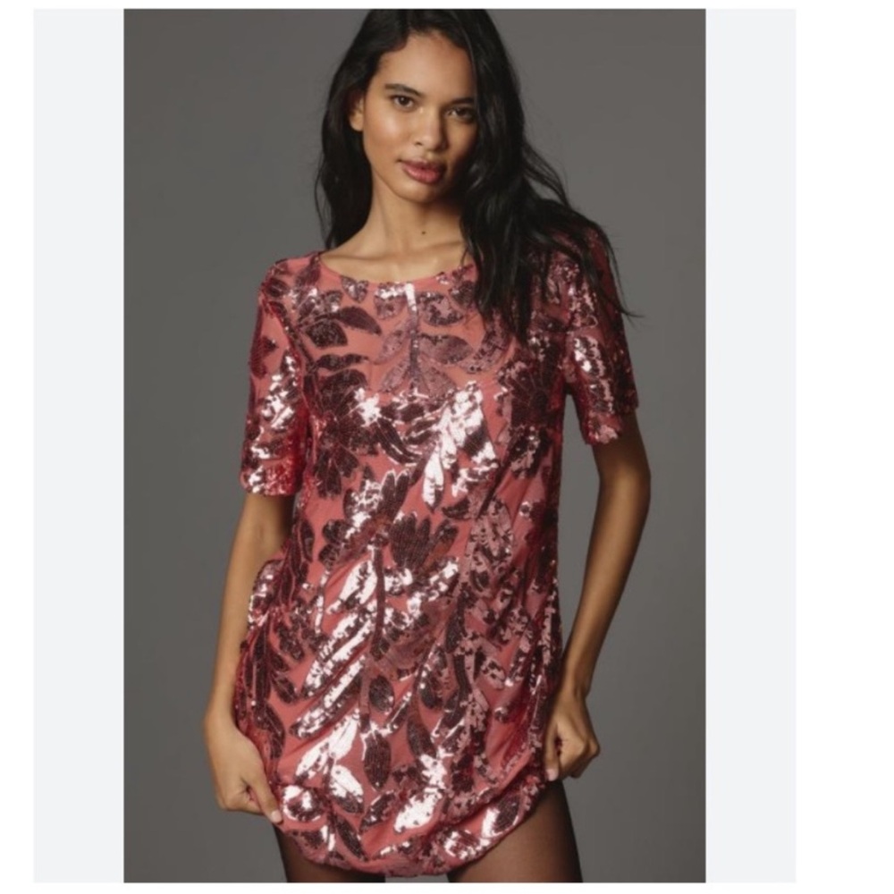 Maeve Short-Sleeved Sheer Embellished Mini Dress